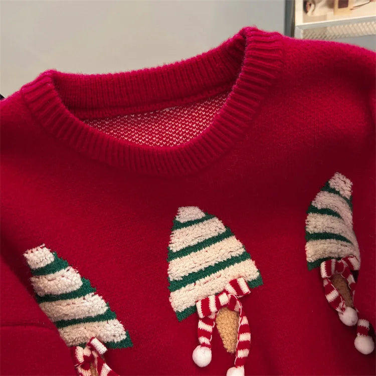Women's Winter Round Neck Long Sleeve Casual Sweater Y2K High Street Hip Hop Christmas Tree 90S Retro Sweater Clothing 2025 New