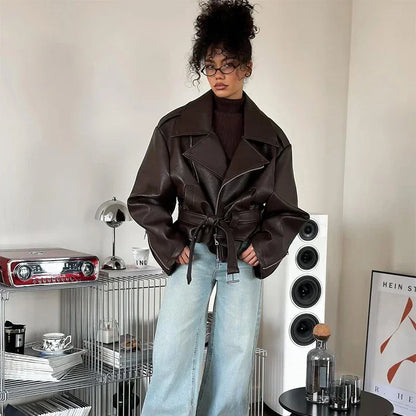 Brown Lapel Leather Bomber Jacket Women's Fashion Full Sleeve Zipper Pocket Lace Up Belt Coat 2025 Autumn High Street Outerwear