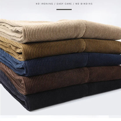 Men's Corduroy Pant Autumn Thick Straight Fit Flat-Front Casual Chino Pants Black Casual Trousers Male