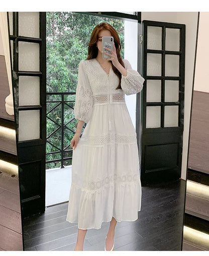 2025 Women's New Spring/Summer White Hollow Sweet Dress Fashion French Bubble Sleeve Knee length Skirt European and American