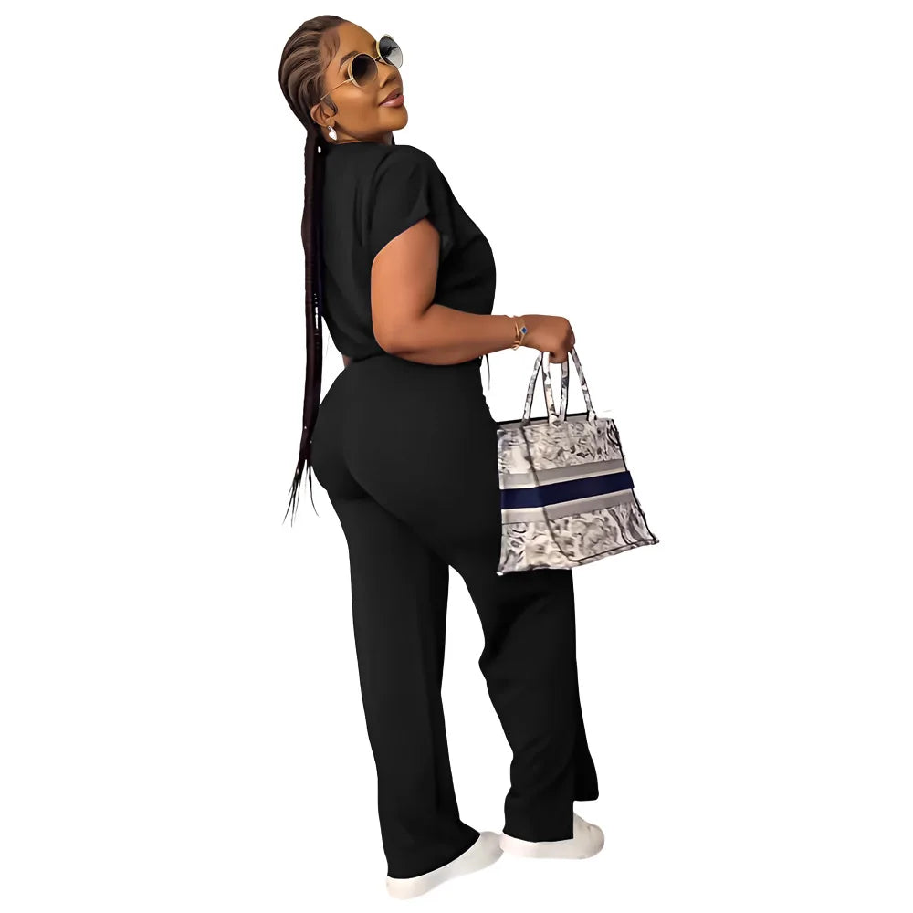 Women Short Sleeve Top & High Waist Pants Set