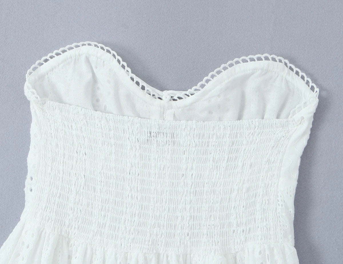 Evening Party Embroideryed Dress Elegant Summer Solid Color White Lace dress Off Shoulder Short Dress Front Tie Back Shirred