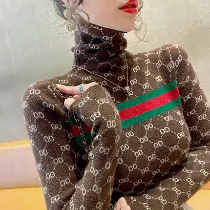 Women Slim Turtleneck Commute Warm Knitted Pullover Autumn Winter Vintage Soft Elastic Striped Letter Jacquard Sweaters