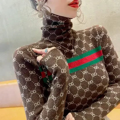Women Slim Turtleneck Commute Warm Knitted Pullover Autumn Winter Vintage Soft Elastic Striped Letter Jacquard Sweaters