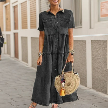 Elegant Denim Floral Print Long Dress For Women Turn-down Collar Button Shirt Dress Short Sleeve A-Line Party Dresses Vestidos