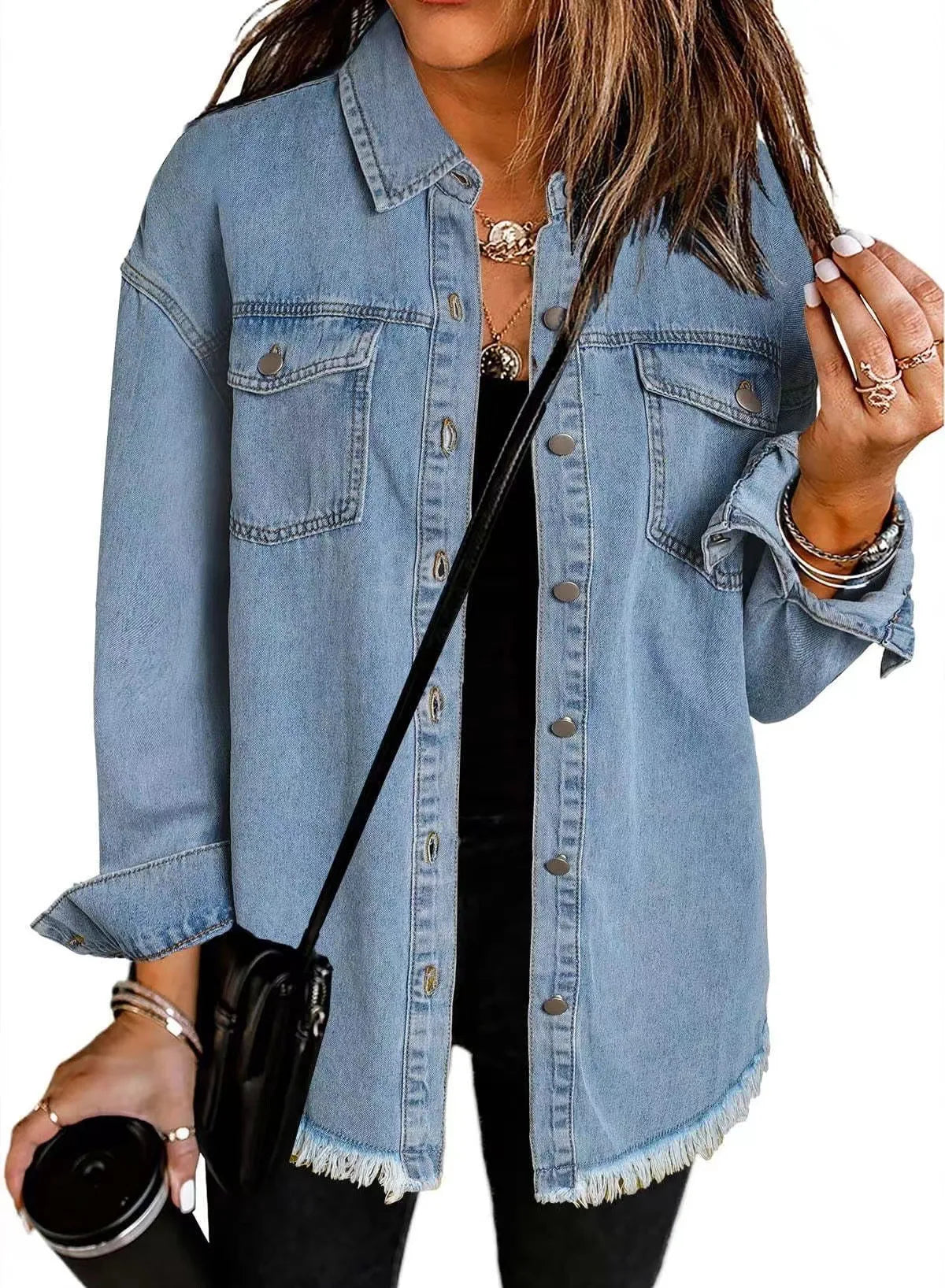 Women Denim Shirt Turn Down Collar  Streetwear Open Stitch Single Breasted Casual Loose Jackets