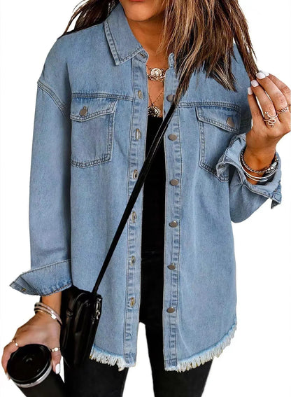 Women Denim Shirt Turn Down Collar  Streetwear Open Stitch Single Breasted Casual Loose Jackets