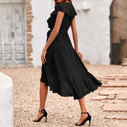 Women's Elegant Solid Ruffle Flying Sleeve Lace Up Skater Midi Dress Summer Ladies Party Holiday Casual Sundress Size S-2XL