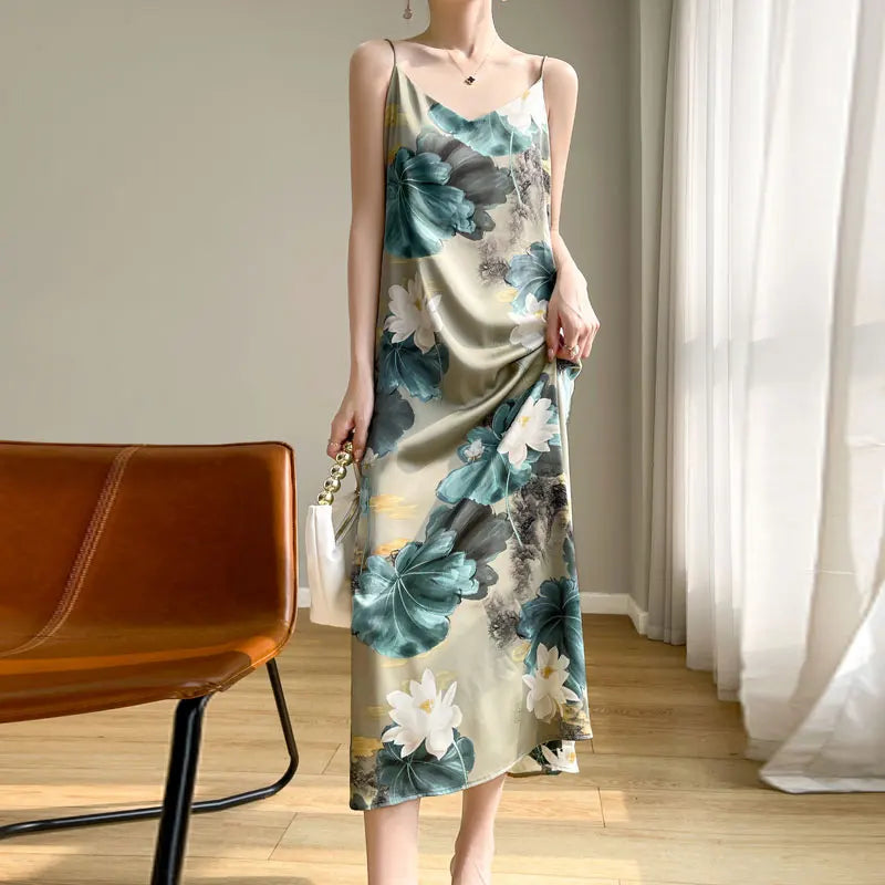 2024 Spring and Summer New Women's Dress Colorful Flower Suspender Skirt Satin Silky Dress Cool and Comfortable