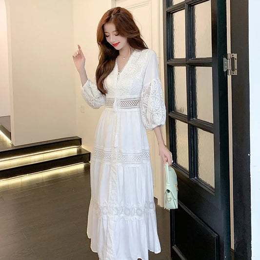 2025 Women's New Spring/Summer White Hollow Sweet Dress Fashion French Bubble Sleeve Knee length Skirt European and American