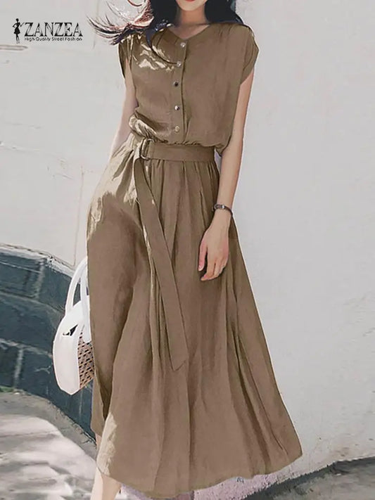 2025 ZANZEA Women Fashion Short Sleeve Dress Summer Elegant Party Vestidos Casual Mid-calf Sundress Femme Vintage OL Robe Kaftan