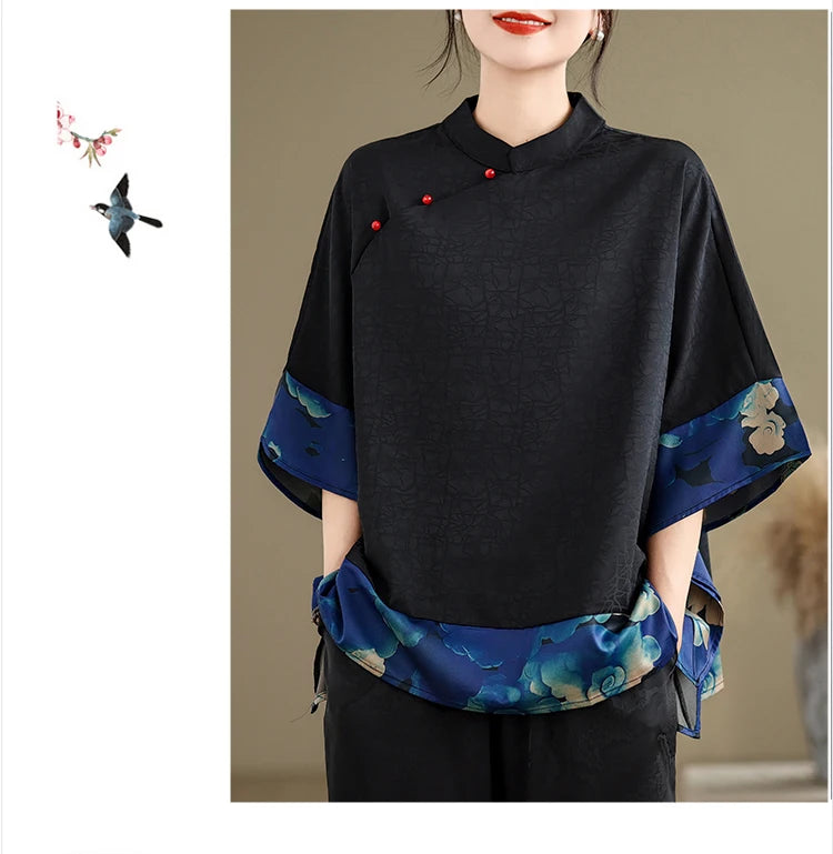 Mulberry Silk Chinese Style T-shirt for Women Spring Summer Fashion Vintage Patchwork Half Sleeve Cloud Embroidery Female Blouse