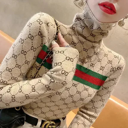 Women Slim Turtleneck Commute Warm Knitted Pullover Autumn Winter Vintage Soft Elastic Striped Letter Jacquard Sweaters