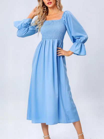 Shirred Solid Dress,Casual Lantern Sleeve Squared Neck Slim Waist Midi Dress, Women's Clothing