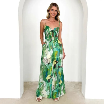 Women's Jumpsuit with Printed Suspender Straps, Bow Ties Flared Pants