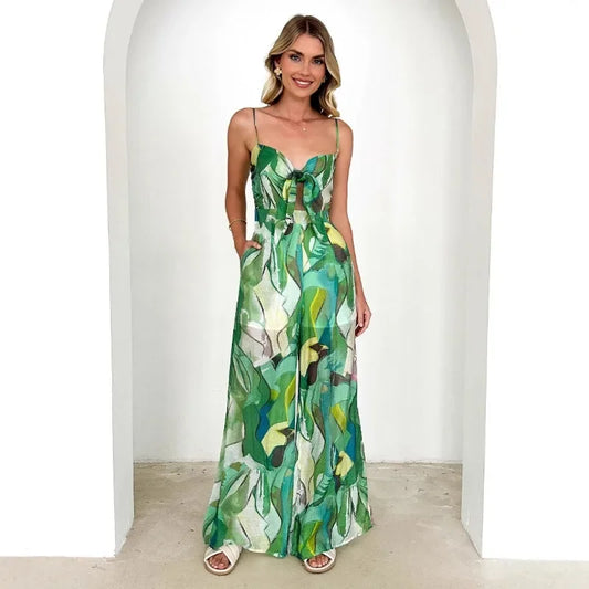 Women's Jumpsuit with Printed Suspender Straps, Bow Ties Flared Pants