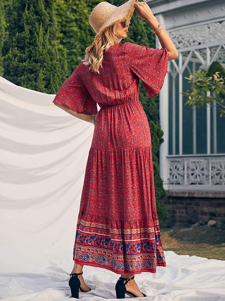 Boho Retro Printed Long Beach Dress Summer Women Flare Short Sleeve V Neck Summer A-Line Dress 2022 Party Elegant Dress