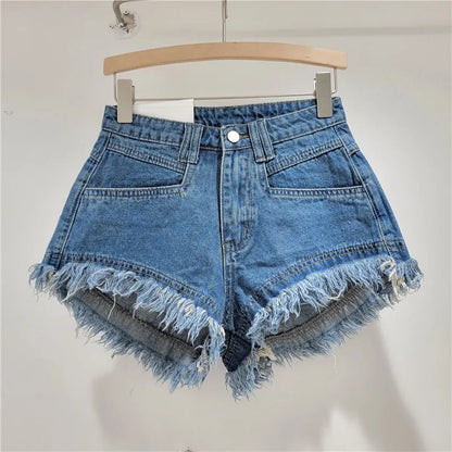 Raw Denim Shorts Women's Jeans New High-waisted Tassel Design A-line Wide-leg Hot Pants Booty Shorts
