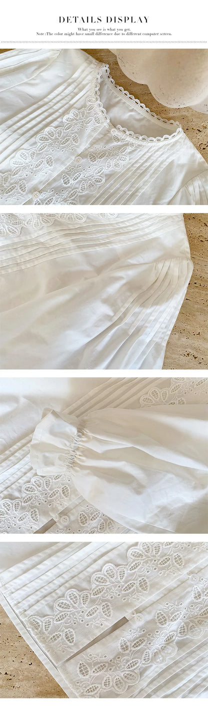 2025 Spring New Women's French White Shirt Splicing Lace Embroidery Design Ladies Shirt Long Sleeve Casual Holiday Beach Tops