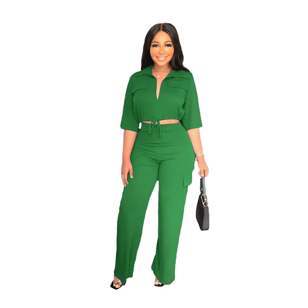 Elegant Office Women Two Piece  Short Shirt + Wide Leg Trousers Set