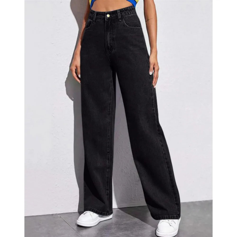 High-Waisted Washed Women's Jeans 2025 Solid Color Versatile Fashion Straight Pants Long Section for Casual Wear