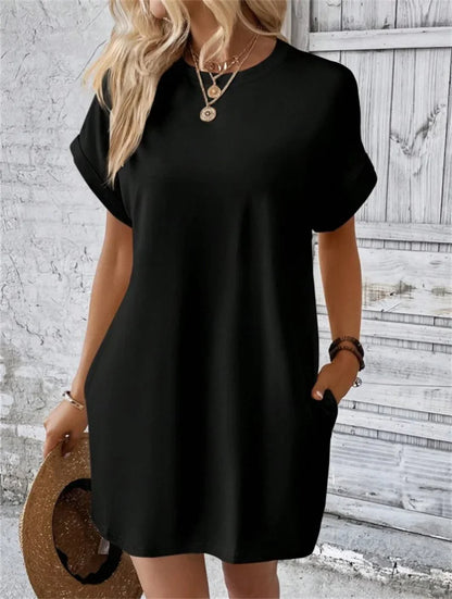 Fashion Solid Color Side Pocket Dresses Women Korean O Neck Pullover Dress Summer Female Comfortable Commuter Casual Short Gown