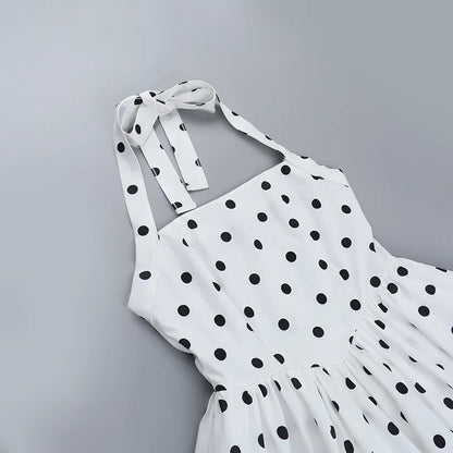 TARUXY Polka Dot Vacation Mini Dress For Women  High Waist A-line Ball Gown Dress Sleeveless Halter Neck Female Summer Fashion