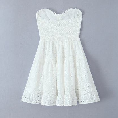 Evening Party Embroideryed Dress Elegant Summer Solid Color White Lace dress Off Shoulder Short Dress Front Tie Back Shirred