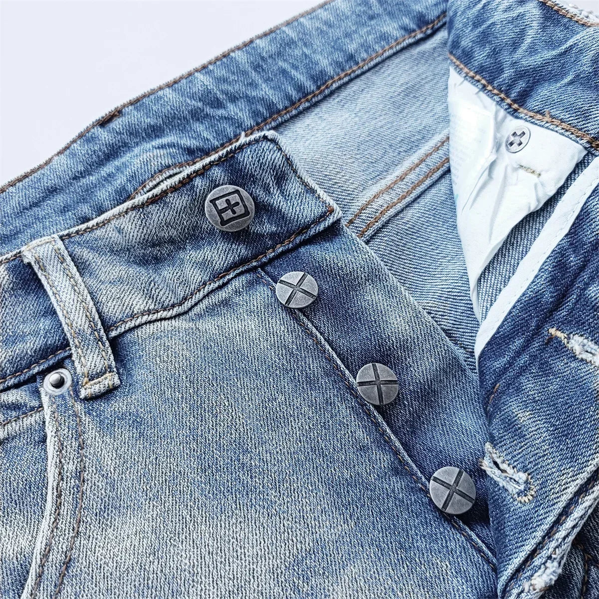 25SS New Cross Jeans Men fashion Personality Trend Hip-hop Multi-style Low Rise Elastic Skinny Denim Pants Frayed Trousers