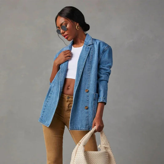 Retro Light Colored Heavy-duty Washed Denim Suit Jacket for Spring 2025, New Casual Semi Open Neck Women's Clothing