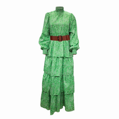 Summer Long Dress Women Stand Collar Fashion Designer Long Sleeve Print Ruffles Vintage High Waist Dresses with Belt