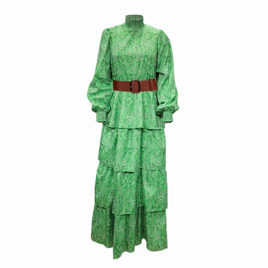 Summer Long Dress Women Stand Collar Fashion Designer Long Sleeve Print Ruffles Vintage High Waist Dresses with Belt