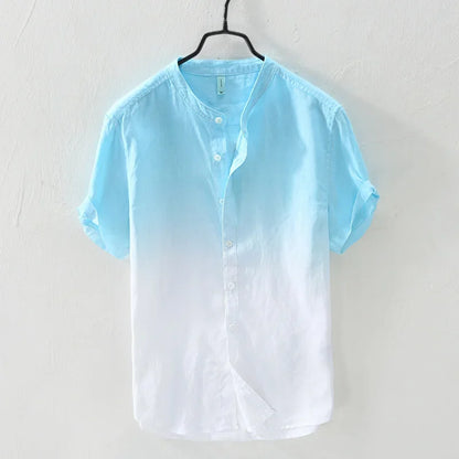 Short-sleeved shirt 100% linen cool breathable comfortable healthy material gradient blue Hawaiian beach men's cardigan shirt
