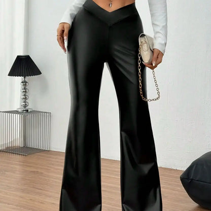 Sexy V-waist invisible zipper horn pants leg shot PU black autumn/winter women's pants
