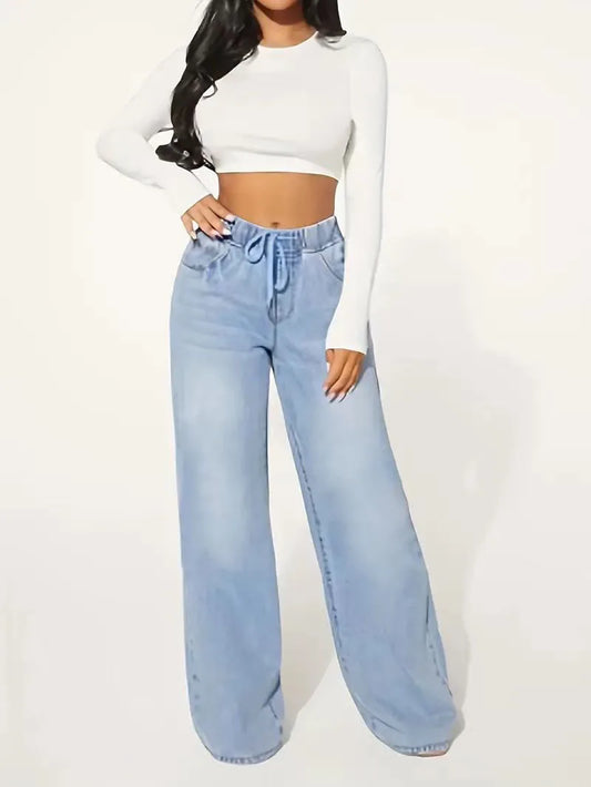 Women's high-waisted blue elastic waist pants, loose wide-leg comfortable straight-leg jeans