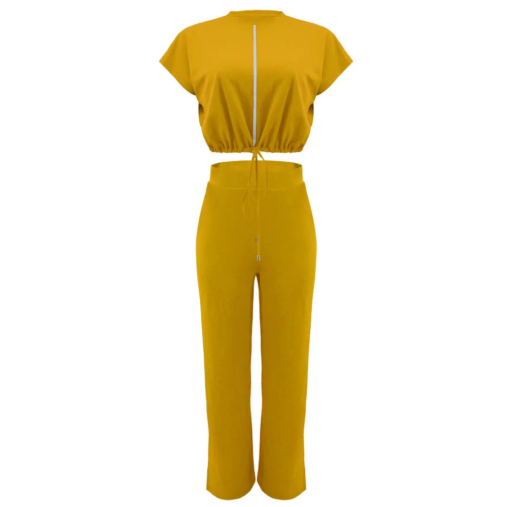 Women Short Sleeve Top & High Waist Pants Set