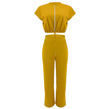 Women Short Sleeve Top & High Waist Pants Set