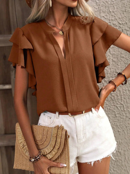Women's Summer V-neck Casual Double Layered Ruffle Sleeves Solid Color Shirt Top Blouse