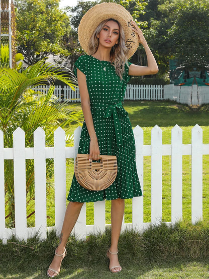 Women Short Sleeve Polka Dot Print Midi Dresses