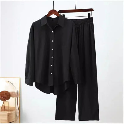 2024 New Style Amazon Autumn/Winter Cotton Linen Solid Color Loose-Fit Shirt Wide-Leg Trousers Casual Suit For Women