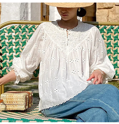 2025 Spring New Women's French White Shirt Splicing Lace Embroidery Design Ladies Shirt Long Sleeve Casual Holiday Beach Tops