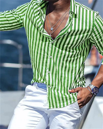 Men's Long sleeved Blue Stripe Printed Shirt Social Luxury Men's Wear Hawaii Elegant Classic Fashion Solid Color