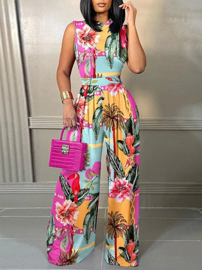 Elegant Women Wide Leg Long Printed Sleeveless Jumpsuits Trouser