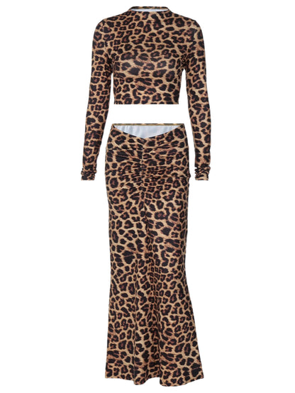 Leopard Printed Elegant Matching Suits Long Sleeves Top Ruched Maxi Dress Sets