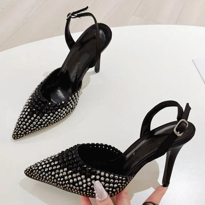 Sexy Crystal Rhinestone Pointed Toe Women Pumps Buckle Strap Street Thin Heels Prom Party Shoes Zapatillas De Mujer