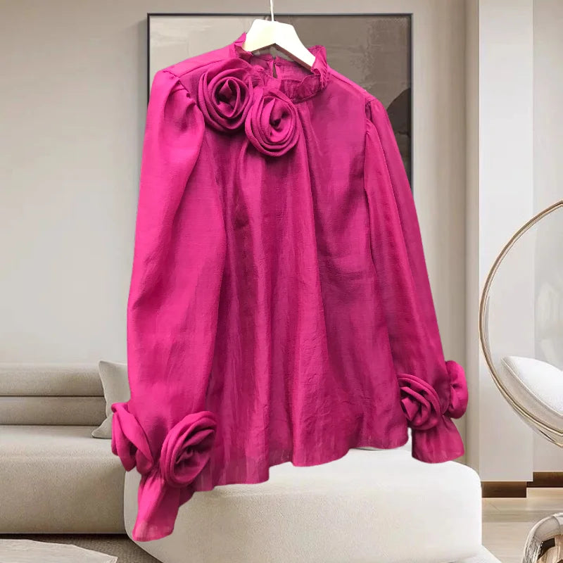Spring 2024 French Style Shirt Women Three-dimensional Flowers Patchwork Colored Blouse Solid Long Sleeve Women Top 42927