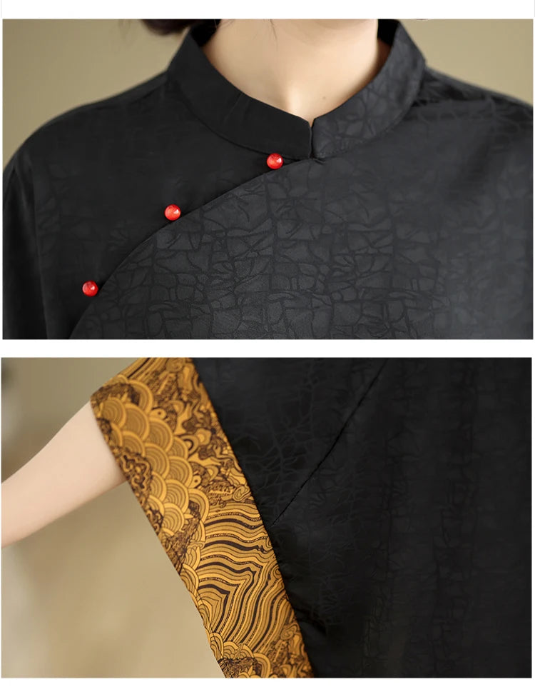 Mulberry Silk Chinese Style T-shirt for Women Spring Summer Fashion Vintage Patchwork Half Sleeve Cloud Embroidery Female Blouse