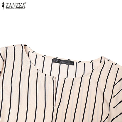 ZANZEA Women Fashion Tie-Front Striped Blouses 2025 Summer Stylish V-Neck Short Sleeve Tops Elegant Casual Commute Blusas Mujer