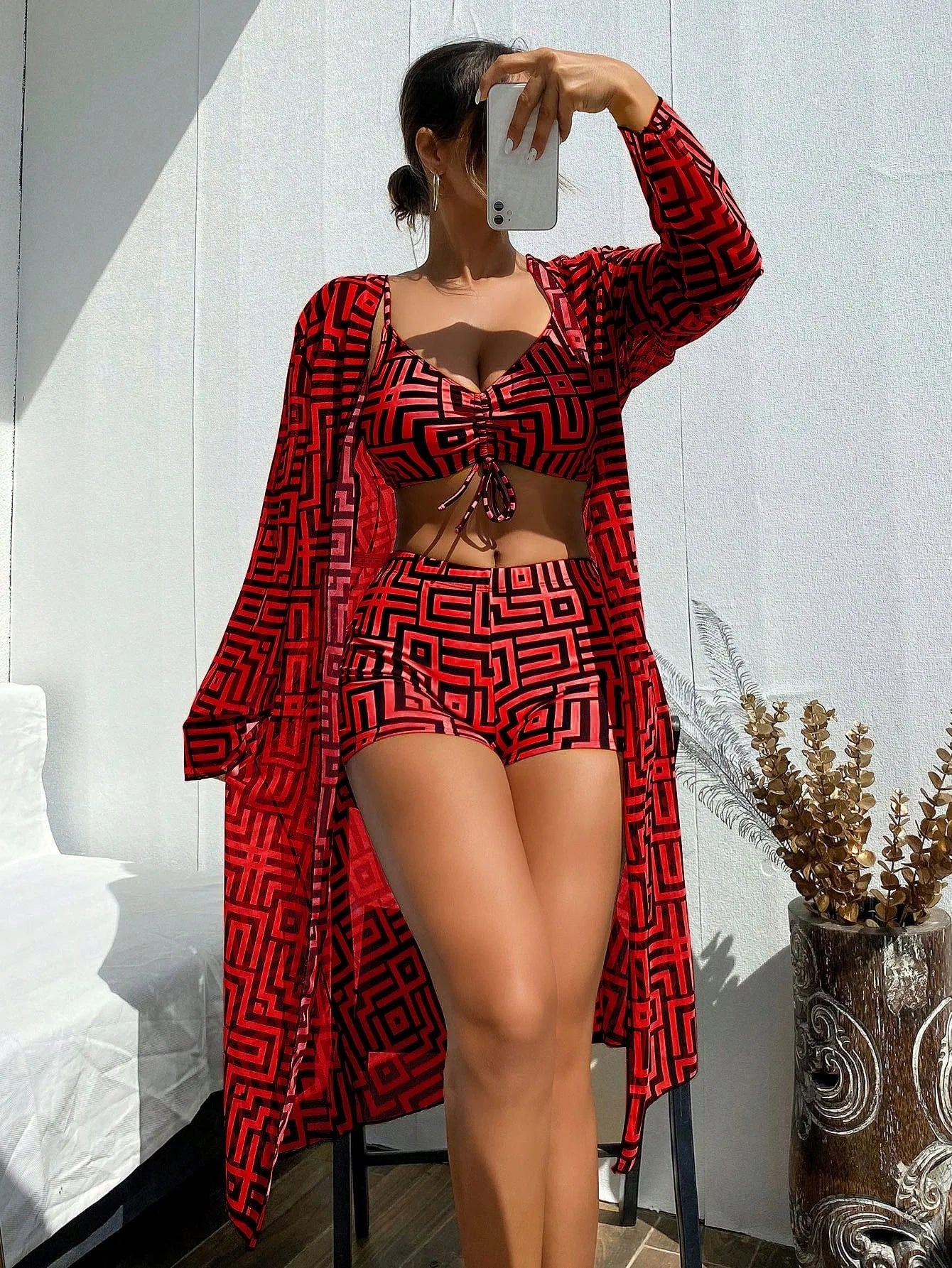 Print Swimsuits Tankini Set with Long Cover Ups Female Swimwear Sports Beach Wear 3 Piece Bathing Suit Women Swimming Bikinis