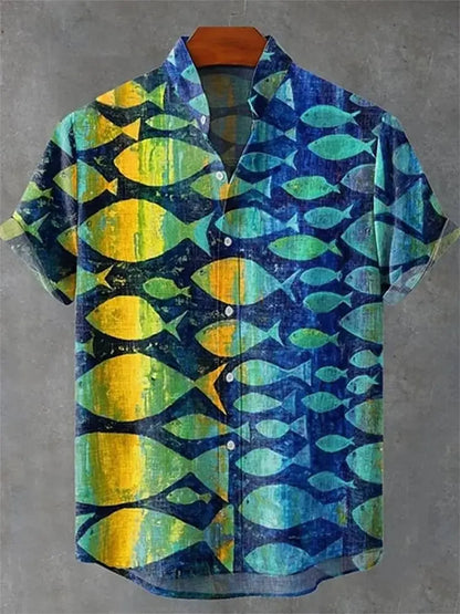 2025 men's new retro style fish pattern print men's casual linen comfortable fabric short sleeved shirt button top